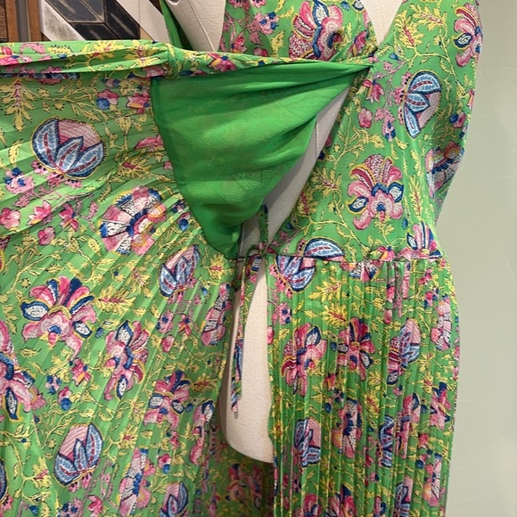 Ralph Lauren Vintage V-Neck Paisley Silk Wrap Pleated Tie Dress Green Multi 10 - Picture 8 of 14